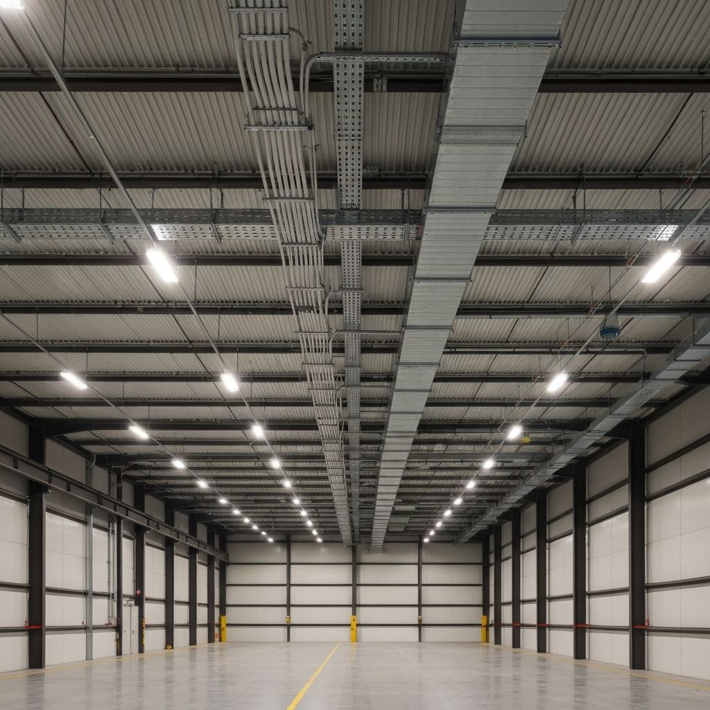 Modern commercial electrical installation with LED lighting in an industrial warehouse